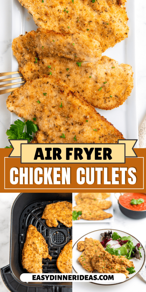 Chicken cutlets coated and air fried on a plate and in an air fryer basket.