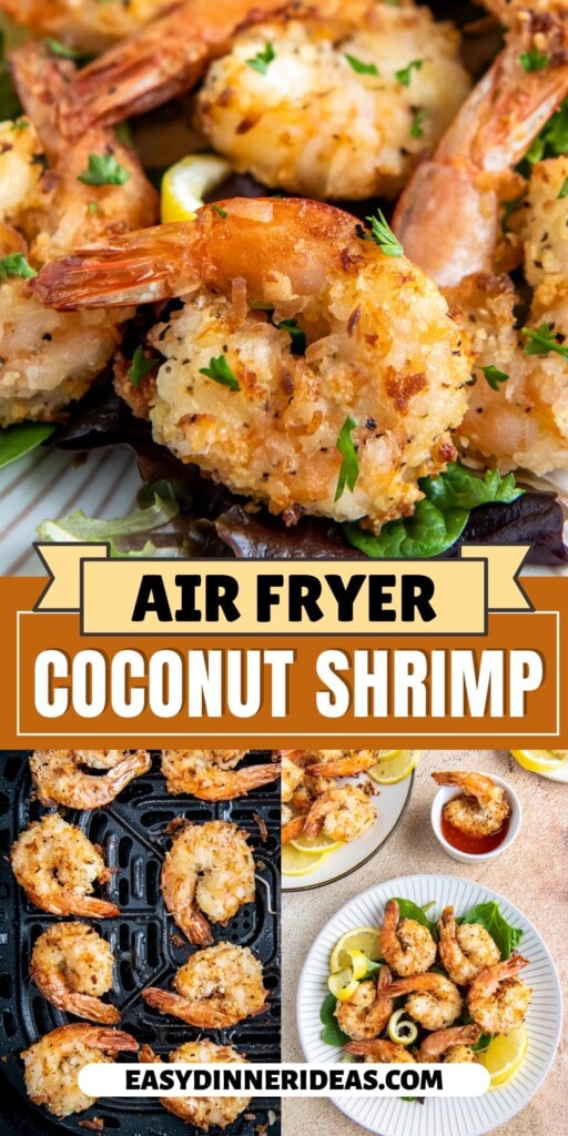 Air Fryer Coconut Shrimp in an air fryer basket and on a plate with lemon wedges.