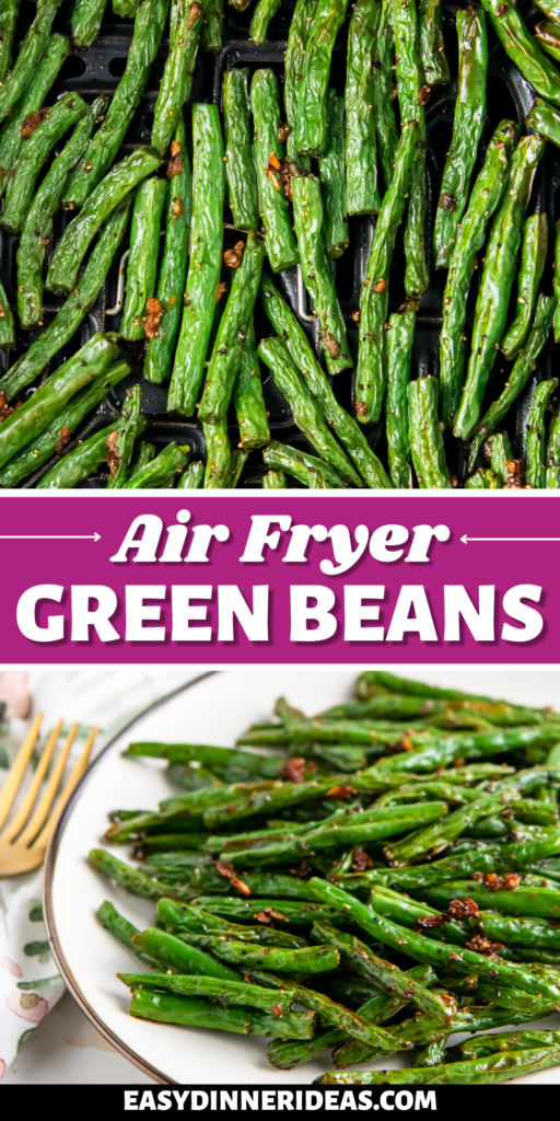 Air fryer green beans on a plate and in an air fryer basket.