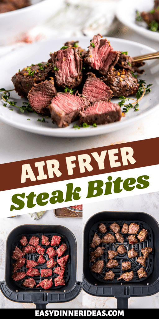 Steak bites in an air fryer basket before and after cooking and on a plate.