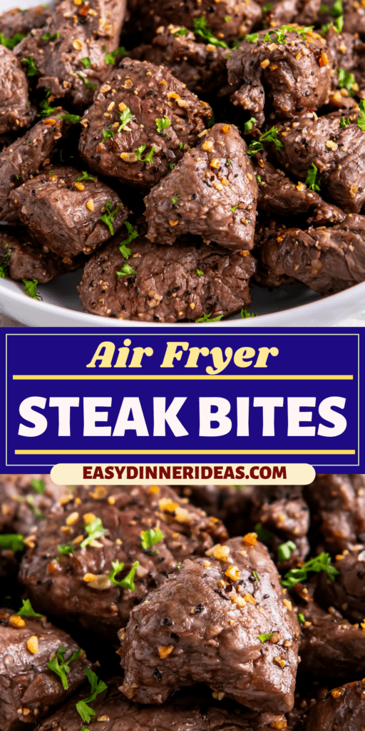 A bowl with air fryer steak bites with parsley on top.