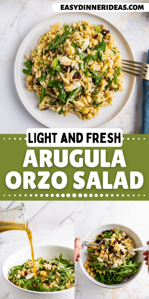 A bowl of orzo salad and orange dressing being poured inside and a plate of orzo salad with arugula.