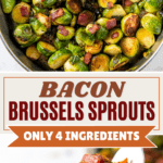 Bacon Brussels Sprouts in a skillet and a fork picking up a bite.