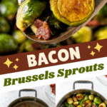 Bacon Brussels Sprouts being cooked in a skillet and a wooden spoon scooping up a serving.