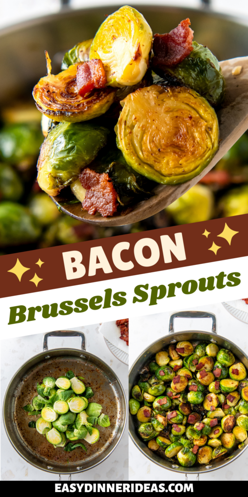 Bacon Brussels Sprouts being cooked in a skillet and a wooden spoon scooping up a serving.