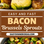 Pan fried Brussels Sprouts with bacon in a skillet.