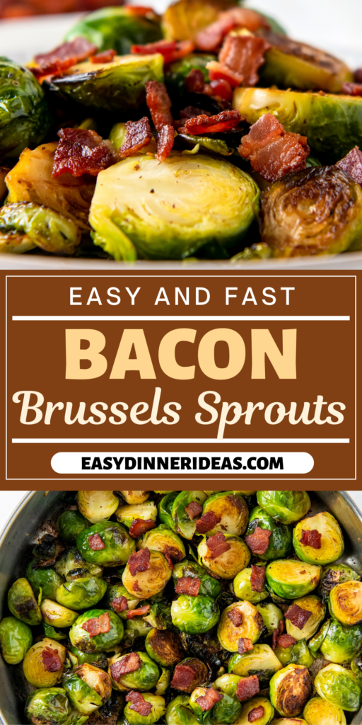 Pan fried Brussels Sprouts with bacon in a skillet.