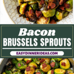 Brussels Sprouts with bacon in a skillet and a serving on a plate.