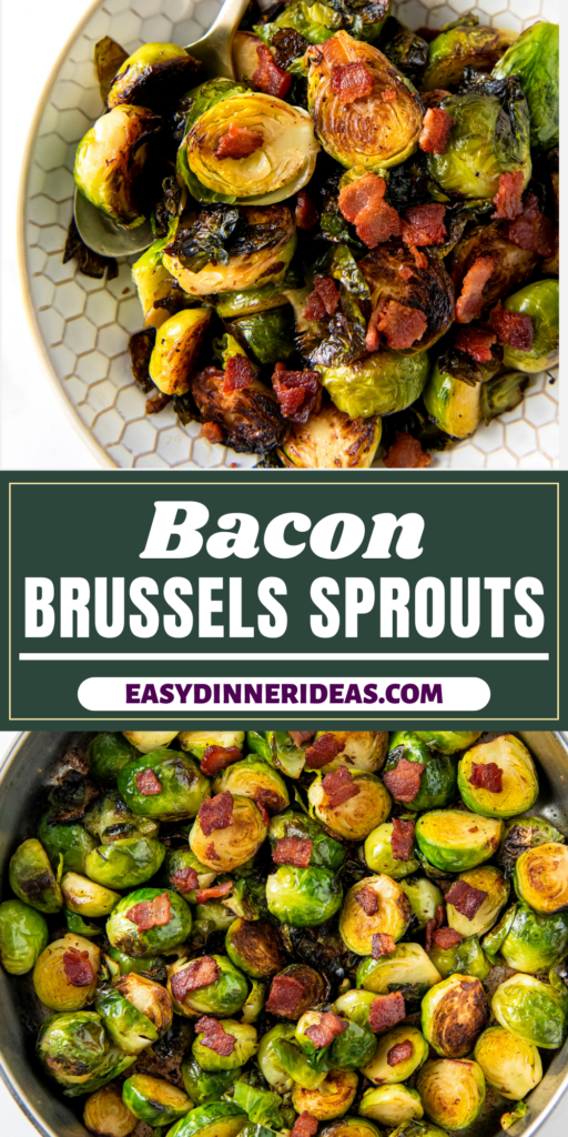 Brussels Sprouts with bacon in a skillet and a serving on a plate.