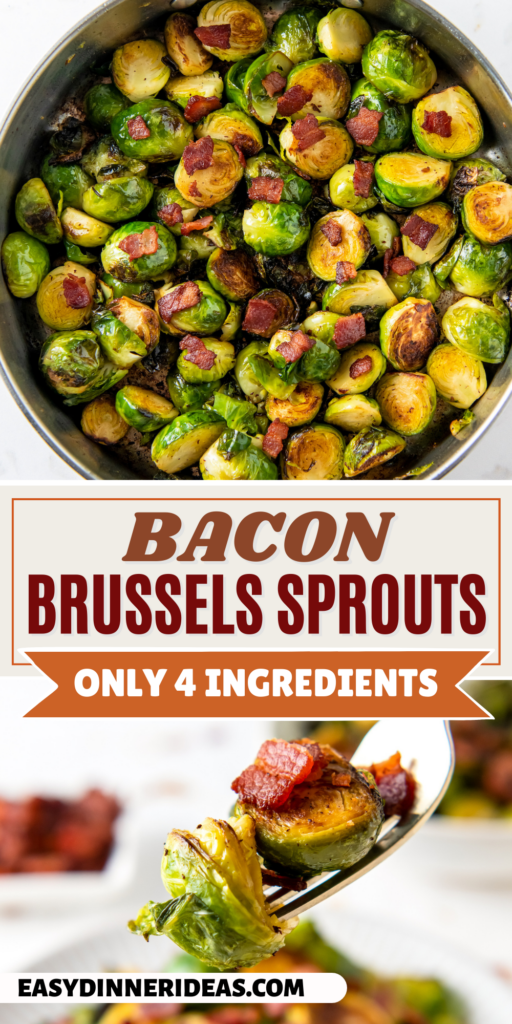 Bacon Brussels Sprouts in a skillet and a fork picking up a bite.