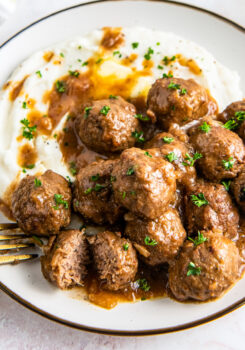 A plate of beefy onion meatballs.