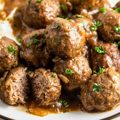 A big platter of beefy onion crockpot meatballs.
