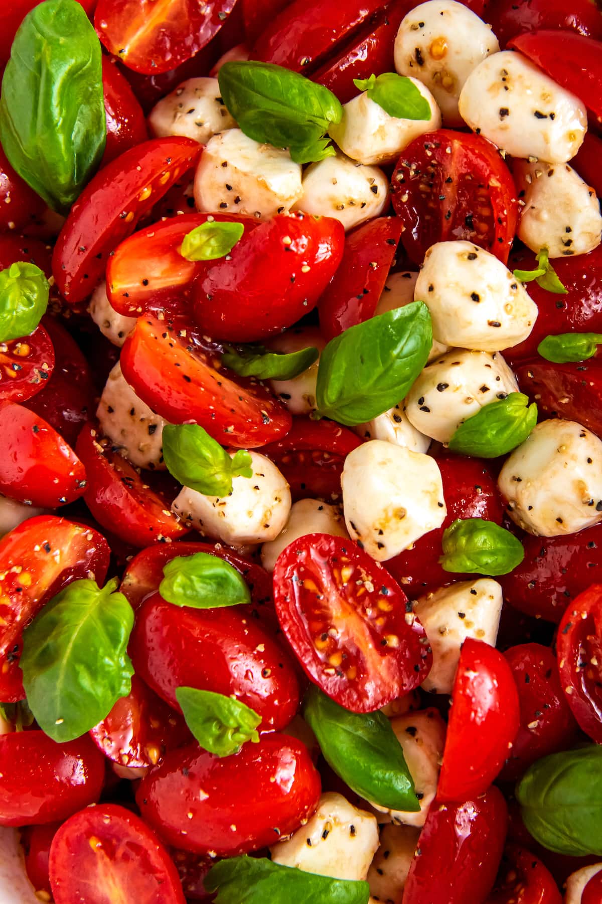 A close look at cherry tomato caprese salad.