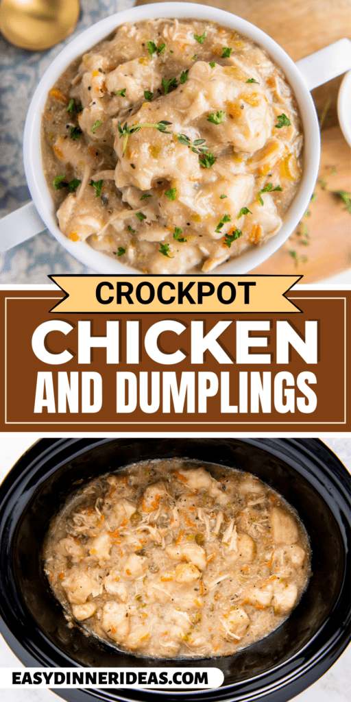 Chicken and dumplings with biscuits in a crockpot and in a bowl.