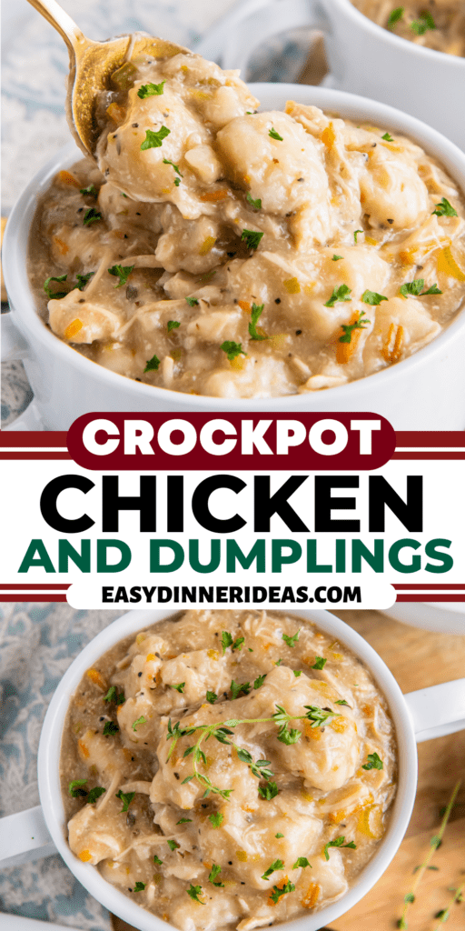 A bowl of crockpot chicken and dumplings and a spoon scooping up a serving.