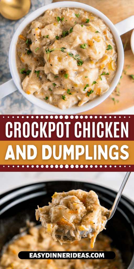A ladle scooping up a serving of chicken and dumplings and a bowl of chicken and dumplings with fresh thyme on top.