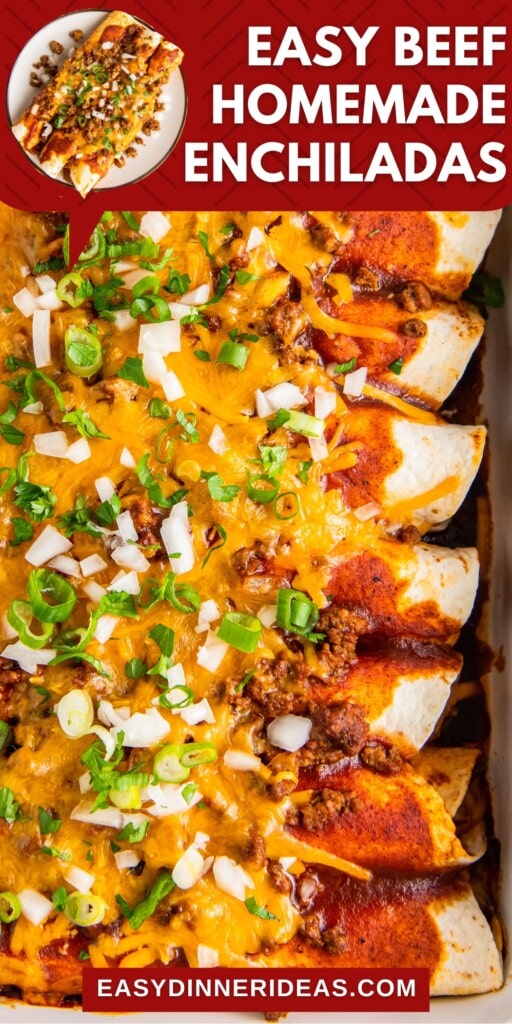 Beef enchiladas in a casserole dish topped with onions and cilantro.