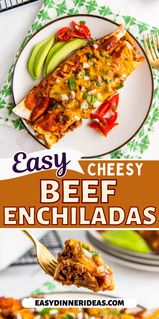 Beef enchiladas on a plate and a fork picking up a bite of enchiladas.