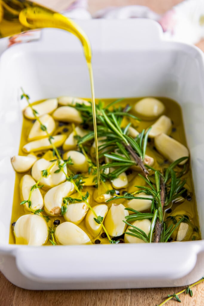 Garlic and herbs in olive oil.