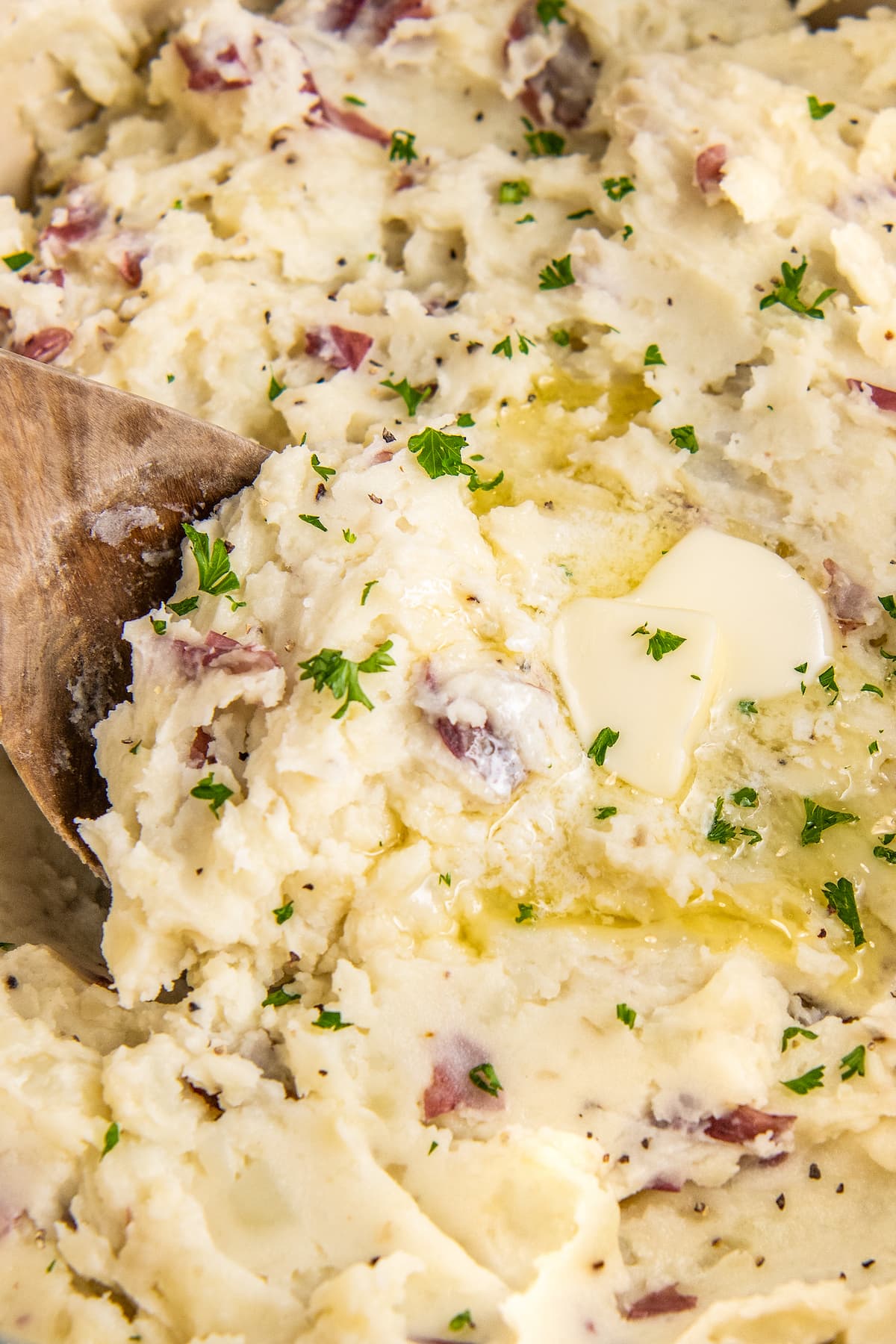 A close-up shot of a bowl of mashed potatoes.