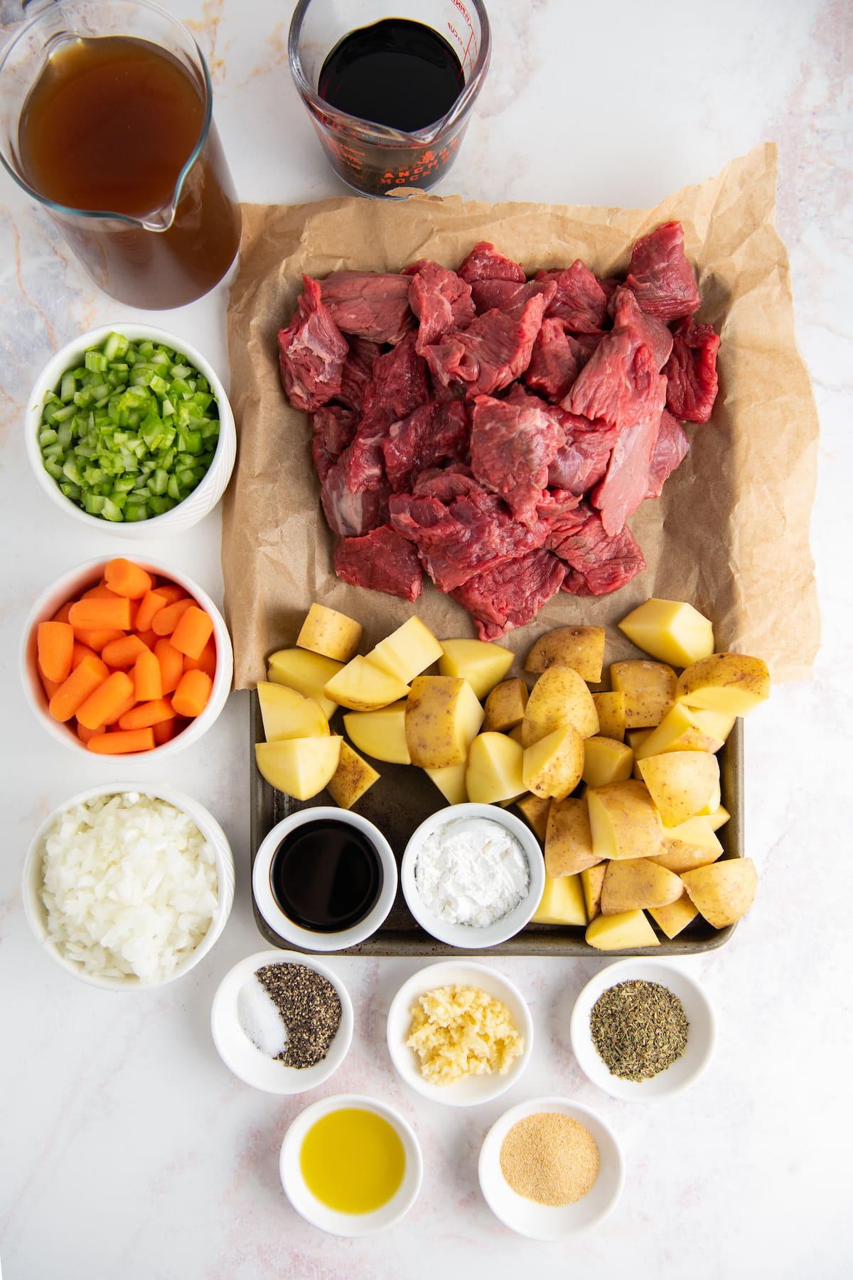 All the ingredients needed to make Instant Pot Beef Stew.