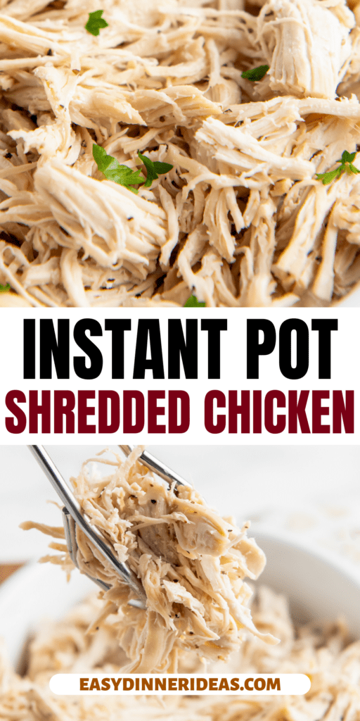 Instant pot shredded chicken in a bowl and being scooped up with tongs.
