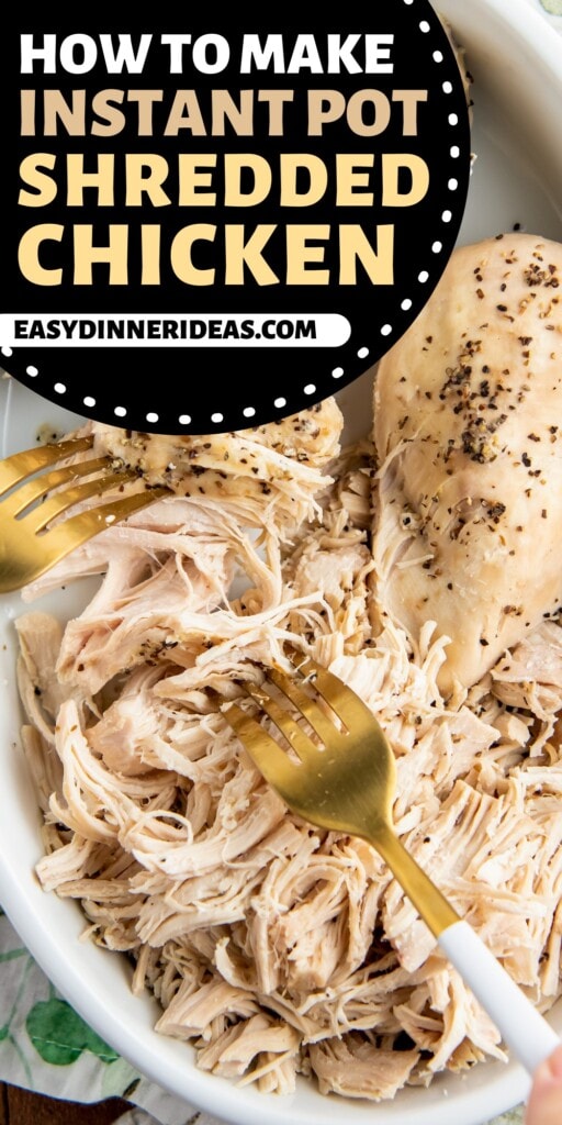 Chicken in a bowl being shredded with two forks.