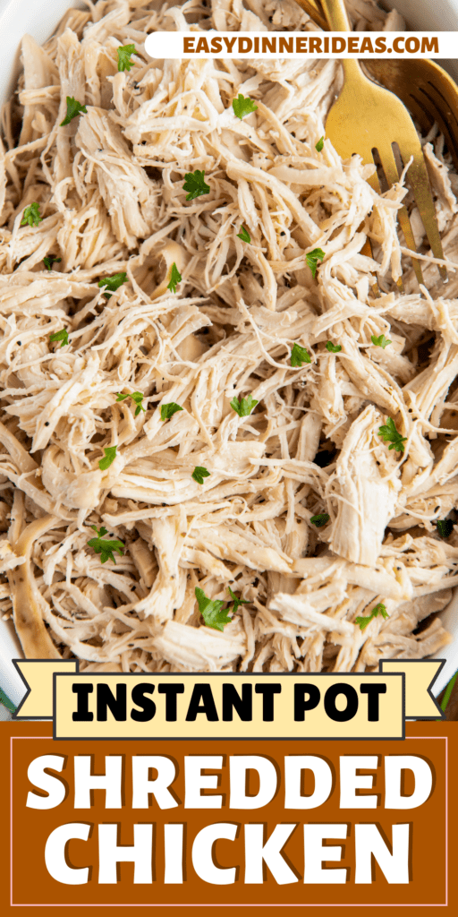 Shredded chicken in a bowl with fresh herbs on top.