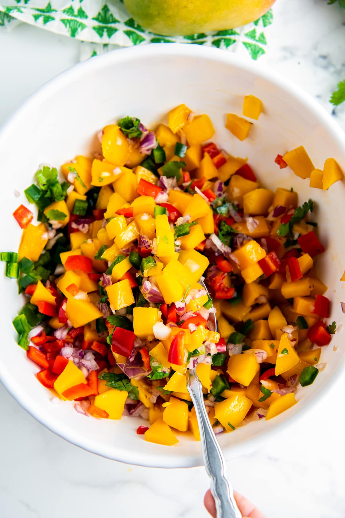 A colorful bowl of mango salsa is mixed up.