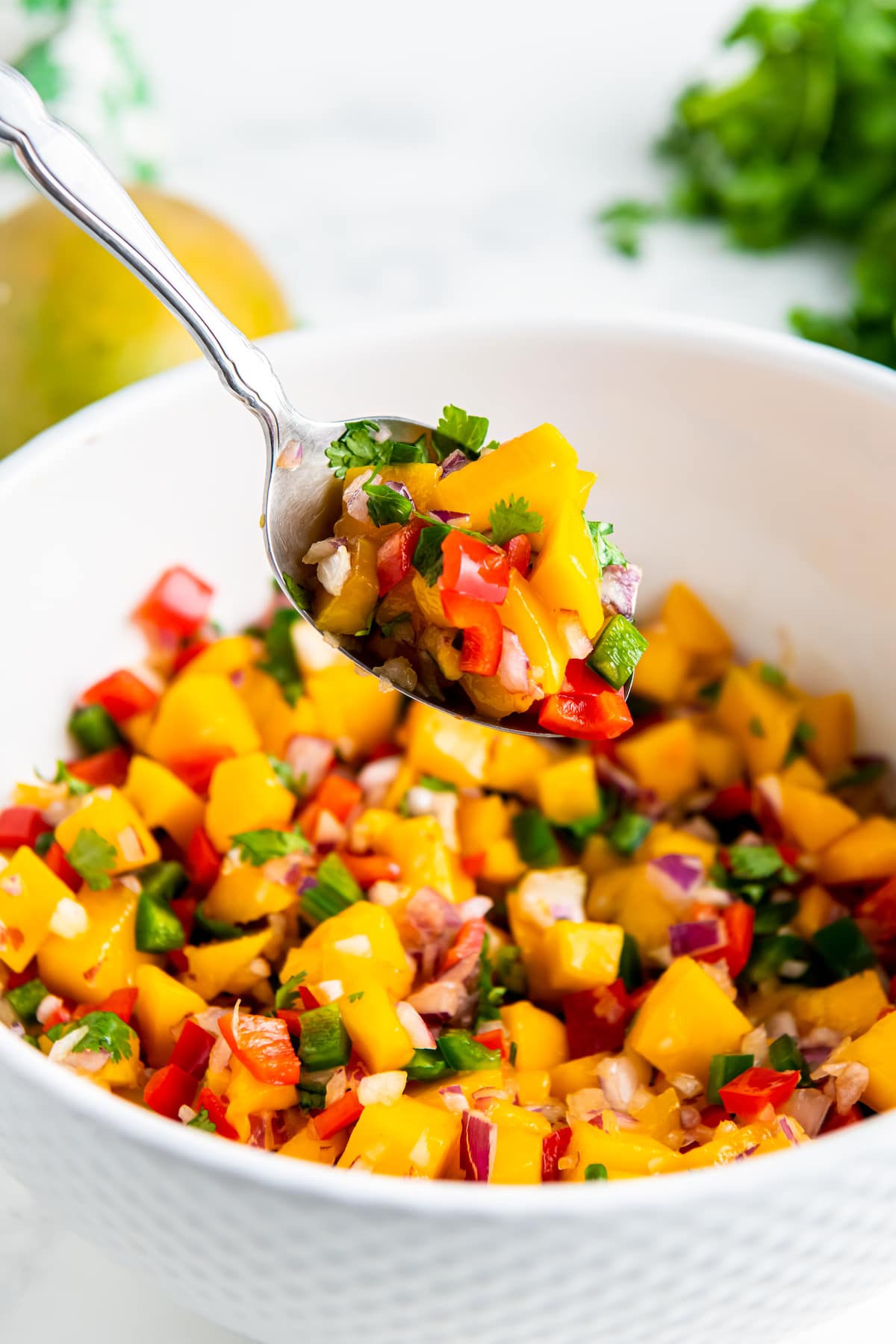 A spoon shows a close-up of colorful mango salsa.