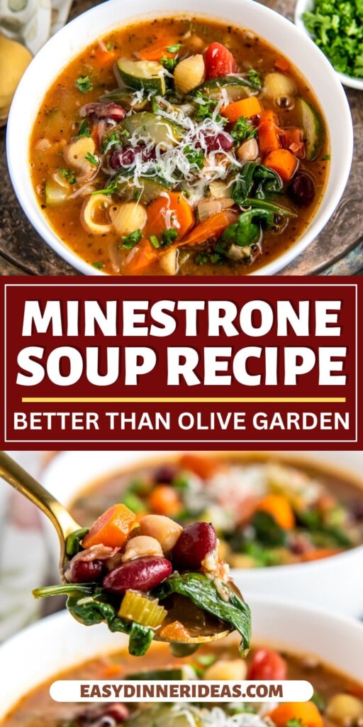 Minestrone soup in a bowl and with a spoon scooping up a serving.