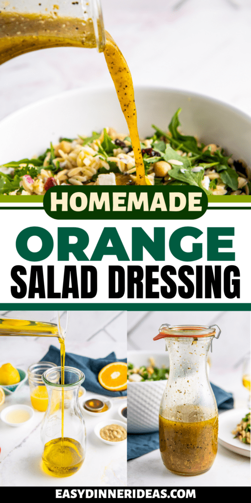 Orange dressing in a jar and being poured into a salad.