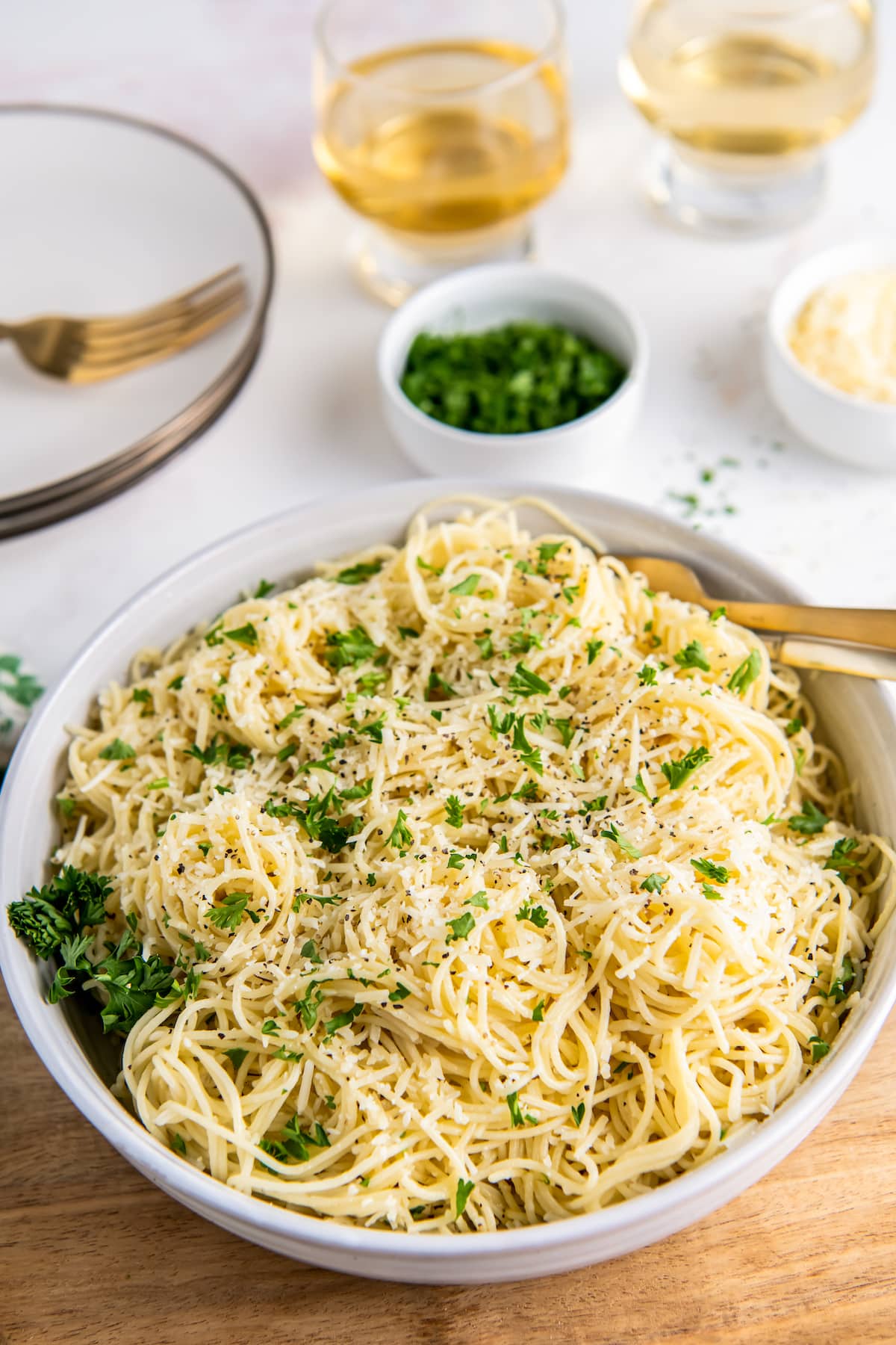 A big bowl of Parmesan butter noodles.