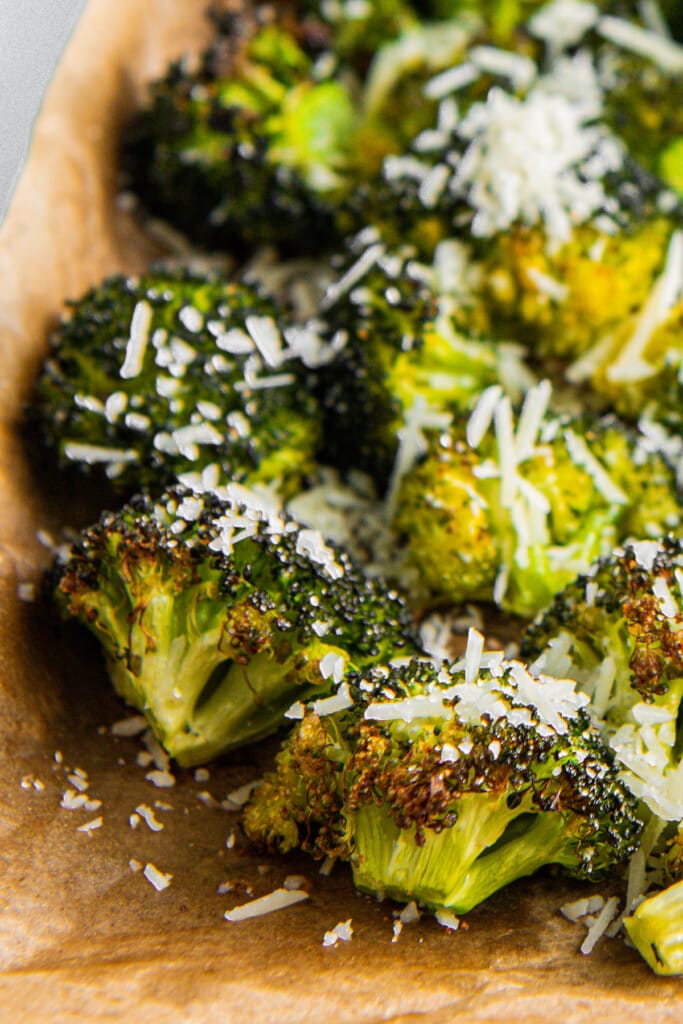 Roasted broccoli with parmesan cheese.