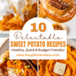 Collage image of 4 different types of sweet potatoes: sweet potato casserole, candied sweet potatoes, air fryer sweet potatoes and mashed sweet potatoes.