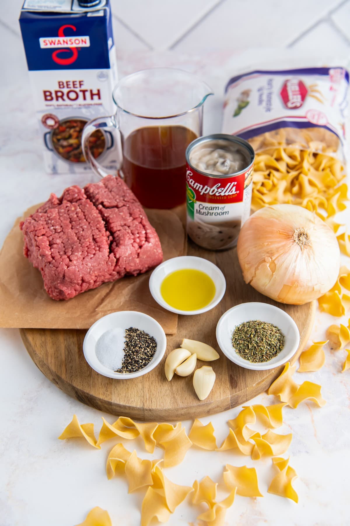 Ingredients for beef and noodles.