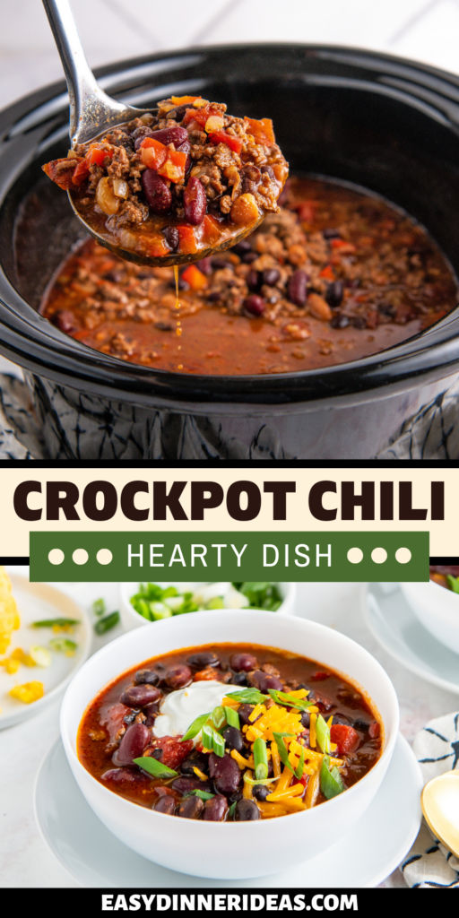 A bowl of crockpot chili and a ladle scooping up a serving of chili out of a crockpot.