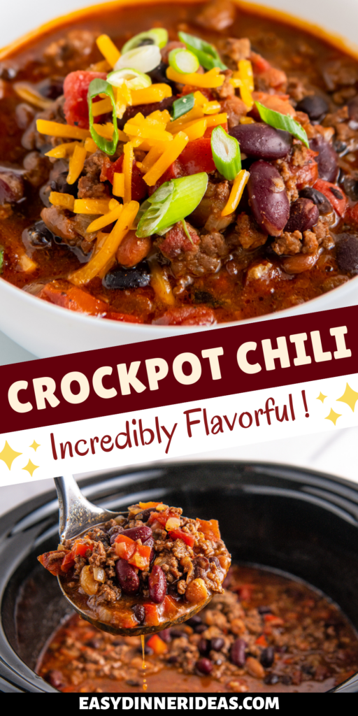 A bowl of chili and a ladle scooping out a serving of crockpot chili out of a slow cooker.