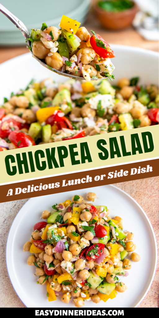 A bowl of chickpea salad with a spoon scooping up a serving and a plate filled with chickpea salad.