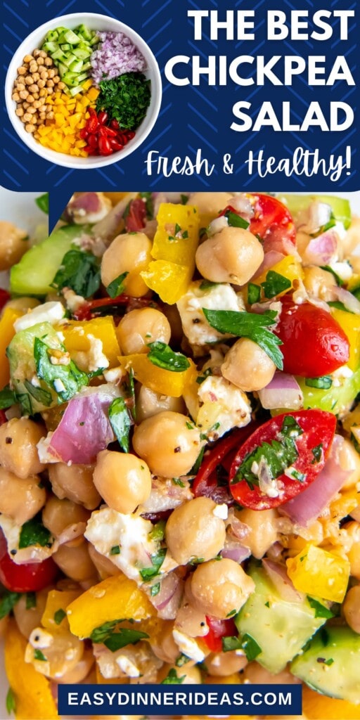 Chickpea salad with cucumbers, tomatoes and cheese.