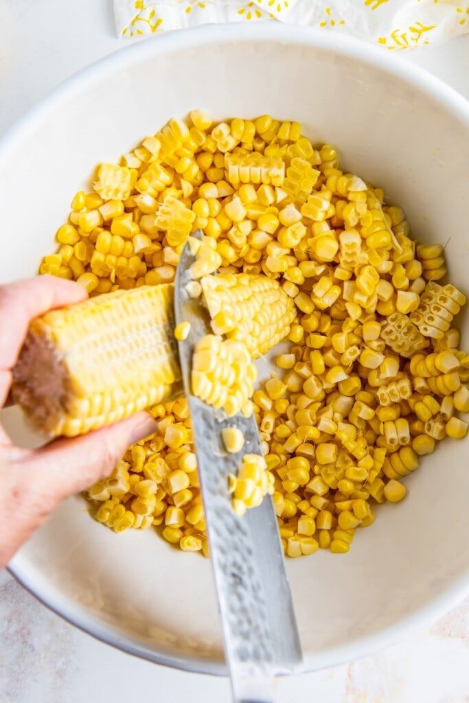 Corn cut off the cob into a mixing bowl.