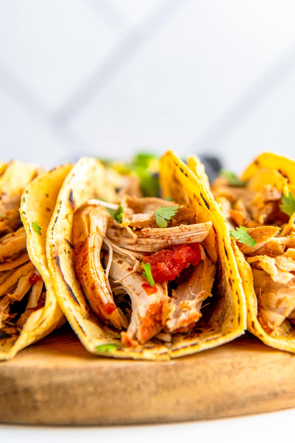 Tortillas filled with shredded chicken and tomatoes.