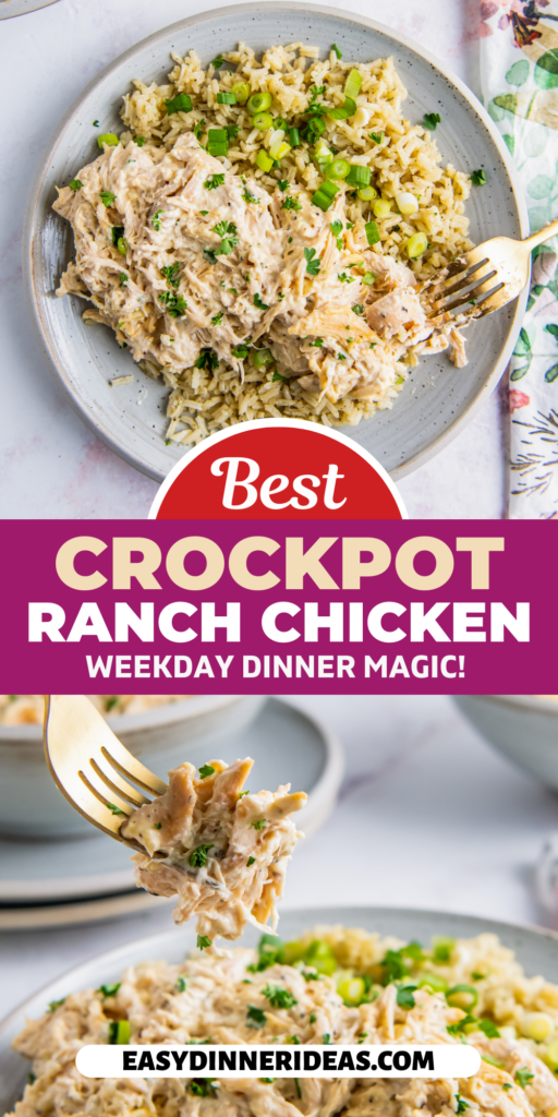 Shredded crockpot ranch chicken on a plate and a fork picking up a bite.