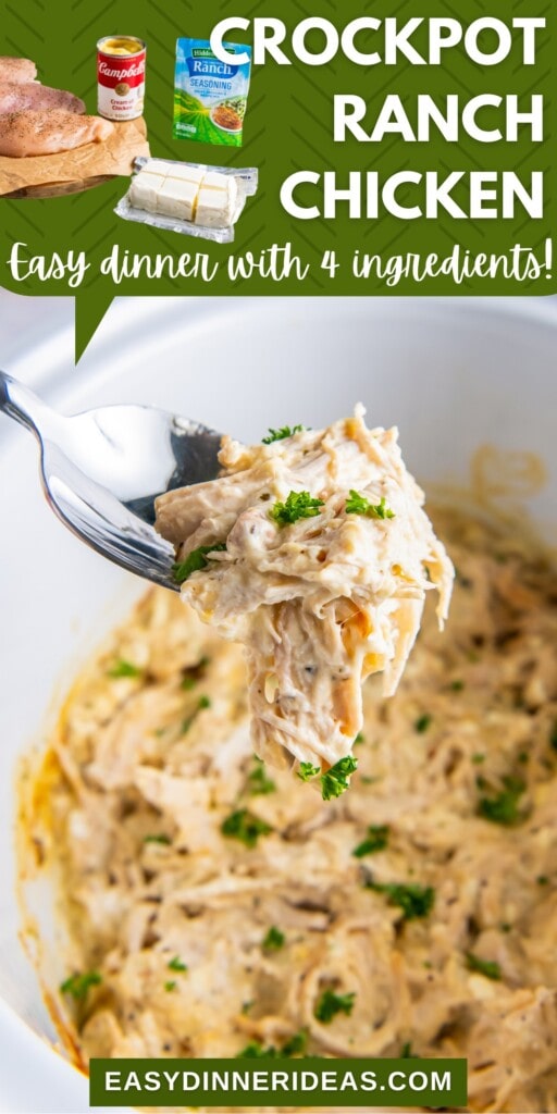 A spoon scooping up some ranch chicken out of a crockpot.
