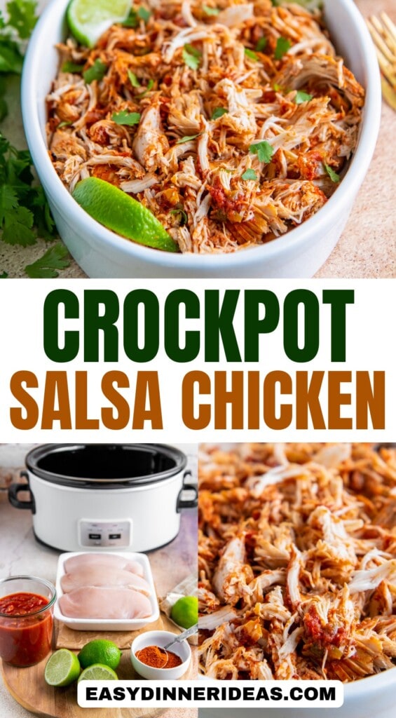 Ingredients arranged on a cutting board and a bowl filled with shredded salsa chicken topped with fresh herbs.