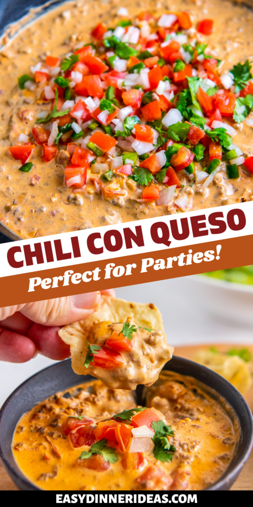 Chili con queso in a skillet with pico de gallo on top and a chip scooping up some queso.