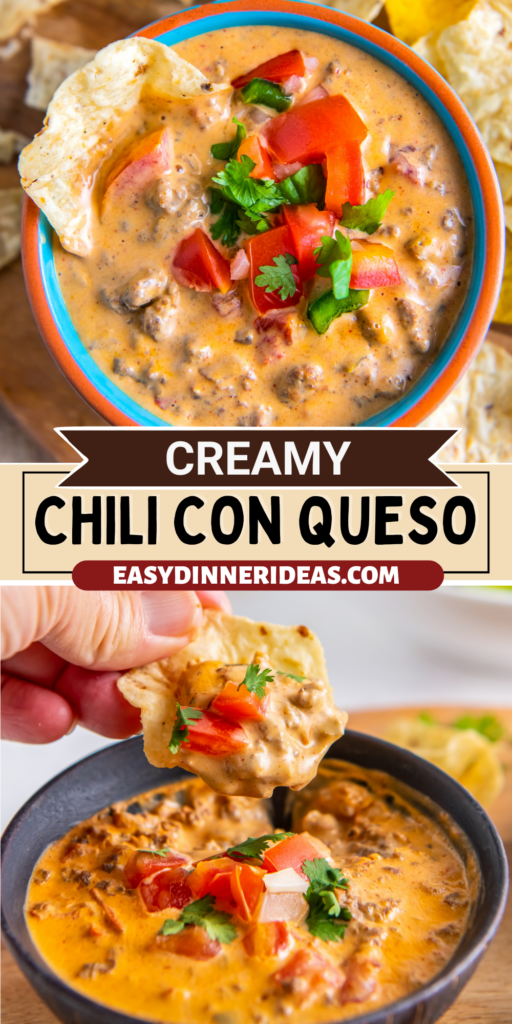 A bowl of queso and a tortilla chip scooping up chili con queso.