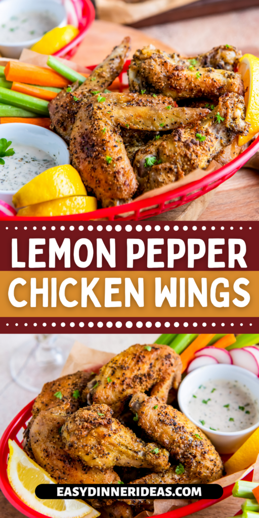 Baked lemon pepper chicken wings in a basket with lemon wedges and a bowl of ranch dressing.