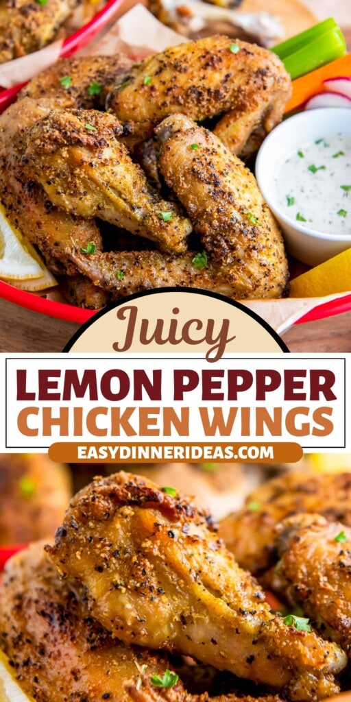 Baked lemon pepper wings with a bowl of ranch dressing.