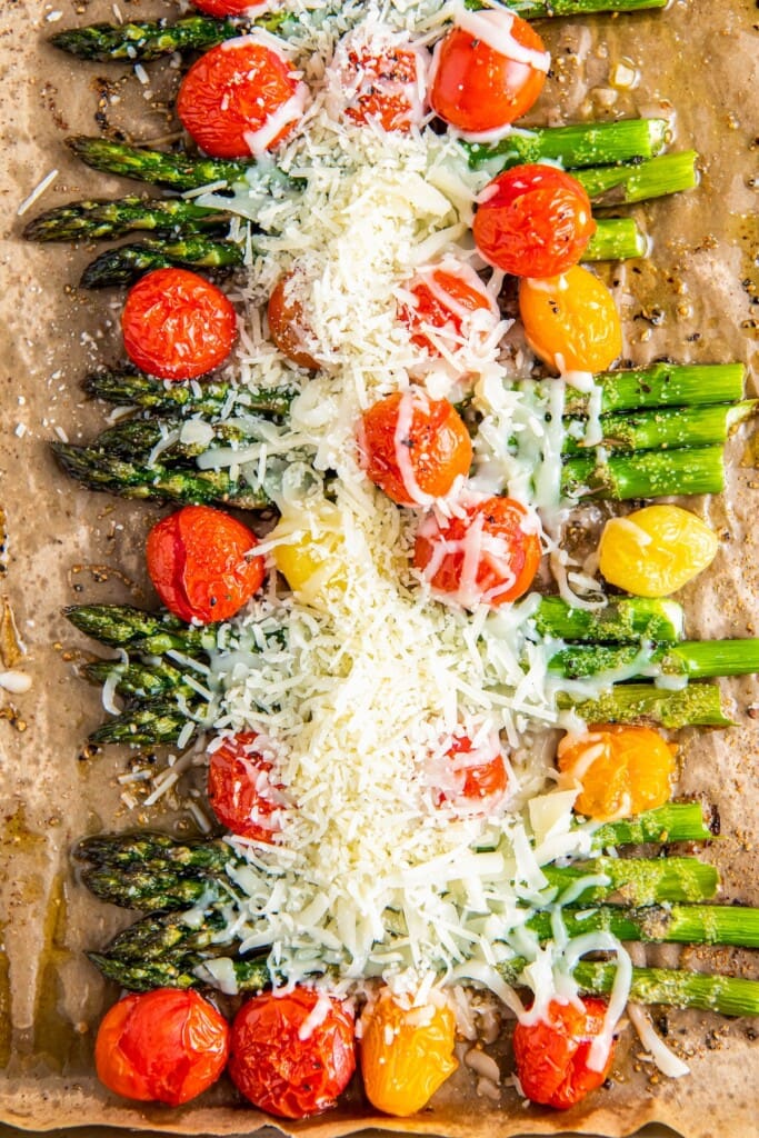 Fresh roasted veggies covered with shredded parmesan cheese and mozzarella.